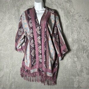 Altar'd State Kimono Cardigan Womens Medium Floral Fringe Open Boho Hippie Lace